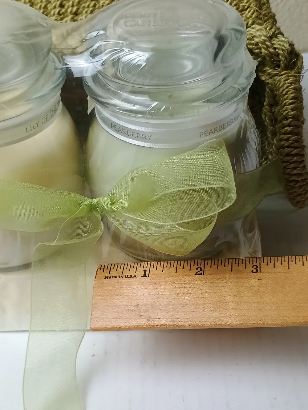 Green Woven Basket Gift Set with Two Cream Jar Candles - Pearberry Lily Of The V